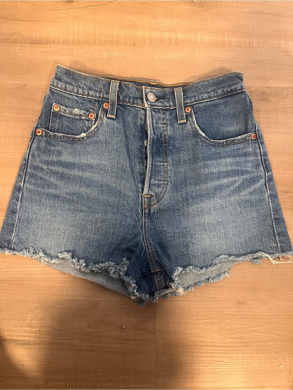 Levi's Mid-Blue Denim Button-Fly Cutoff Ribcage Shorts